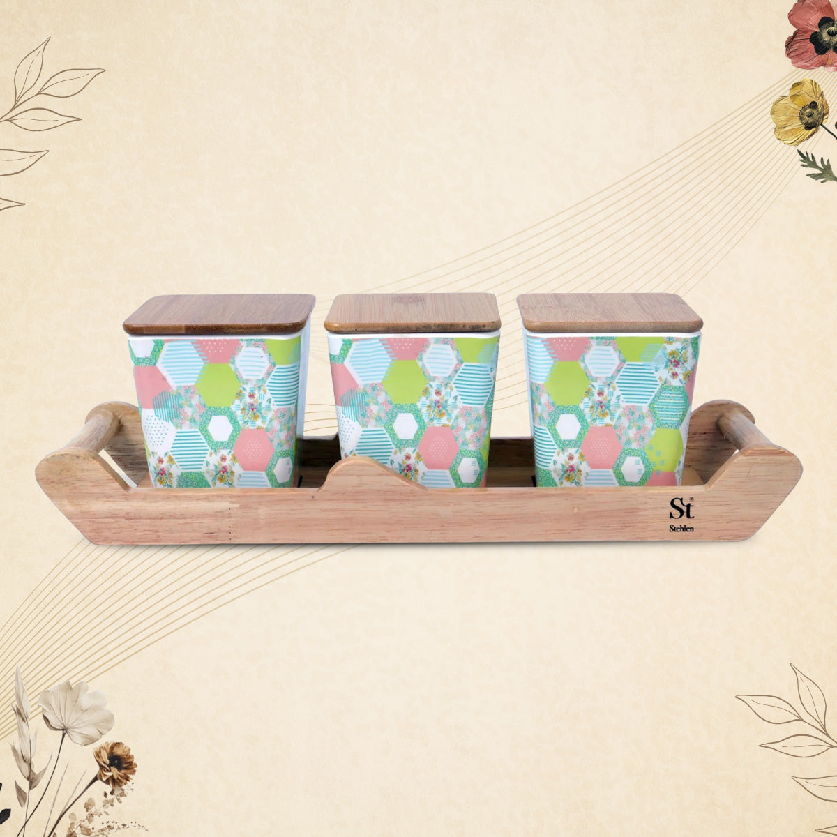 Stehlen 100% Pure melamine 3 pcs wooden lid canister set with wooden tray- Green bee