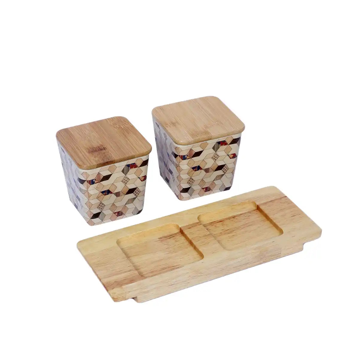 Wooden Diamond Melamine Canister Gift Set with Wooden Lids and Tray | 2-Piece Kitchen Storage Collection