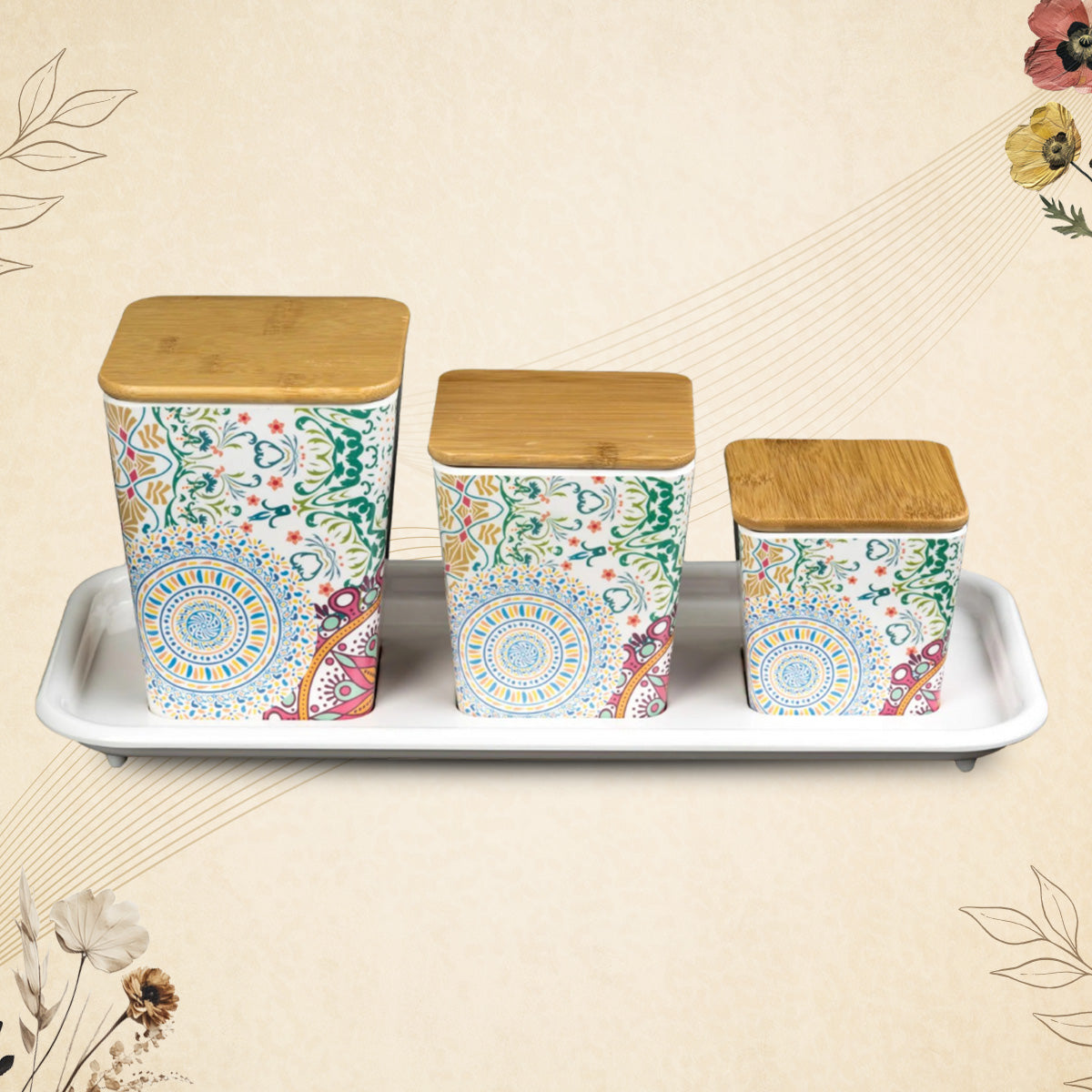 Stehlen 100% Pure melamine 3 pcs wooden lid canister set with melamine tray, SET OF 4- Ikkat