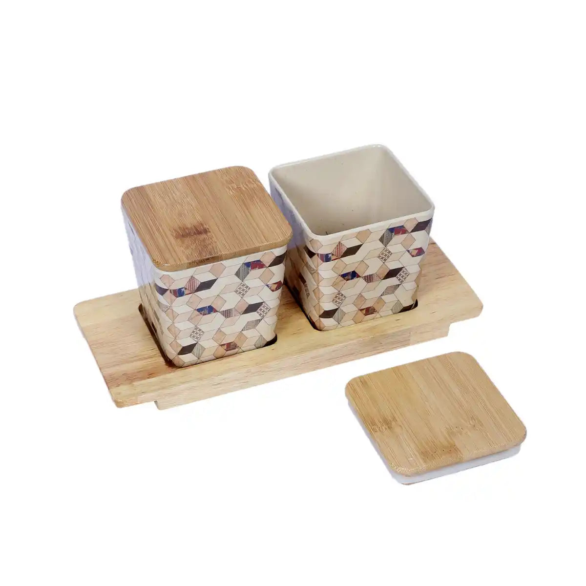 Wooden Diamond Melamine Canister Gift Set with Wooden Lids and Tray | 2-Piece Kitchen Storage Collection