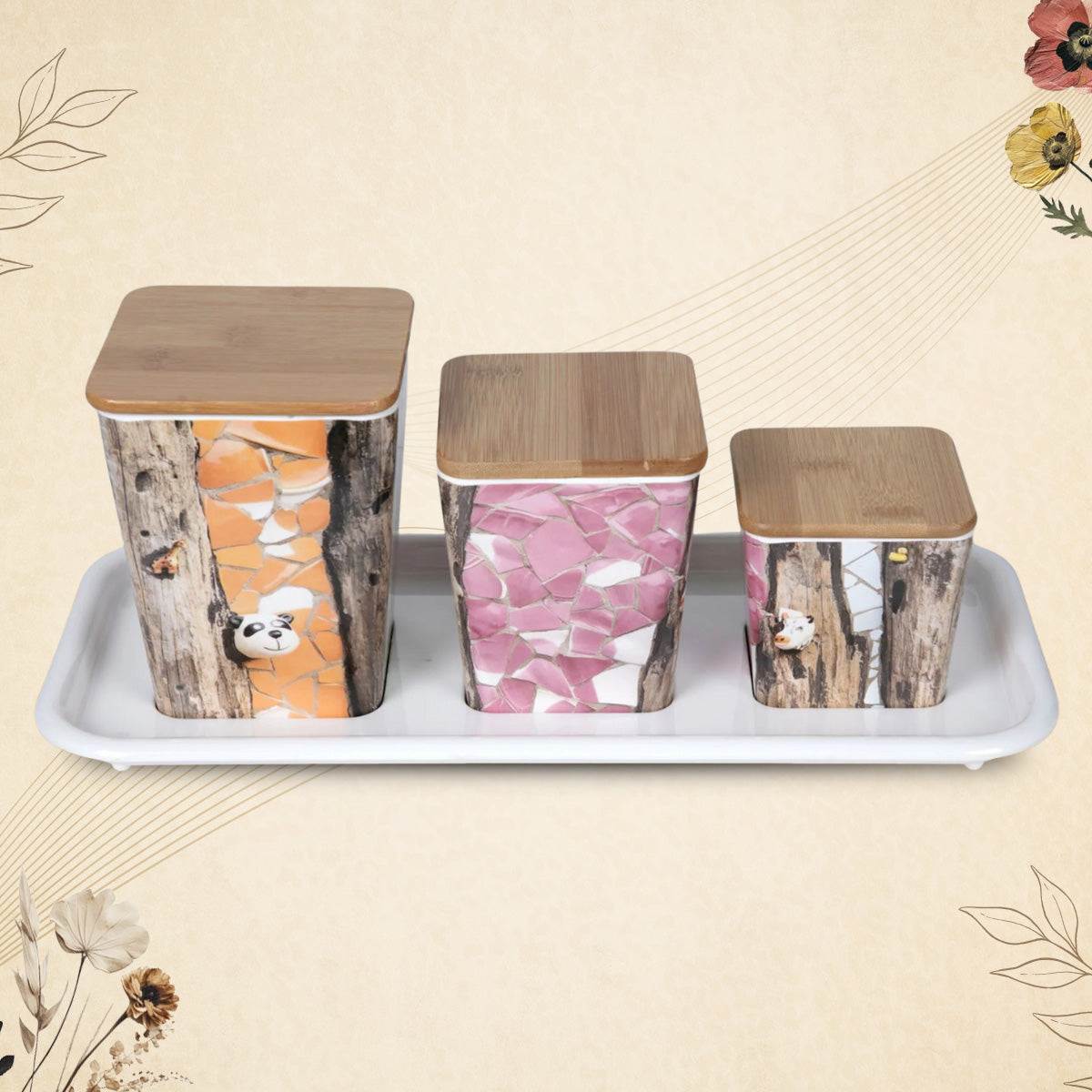 Stehlen 100% Pure melamine 3 pcs wooden lid canister set with melamine tray, SET OF 4- American Pine