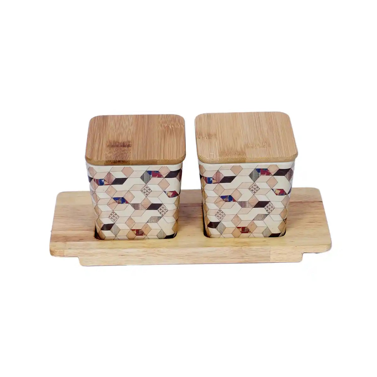 Wooden Diamond Melamine Canister Gift Set with Wooden Lids and Tray | 2-Piece Kitchen Storage Collection
