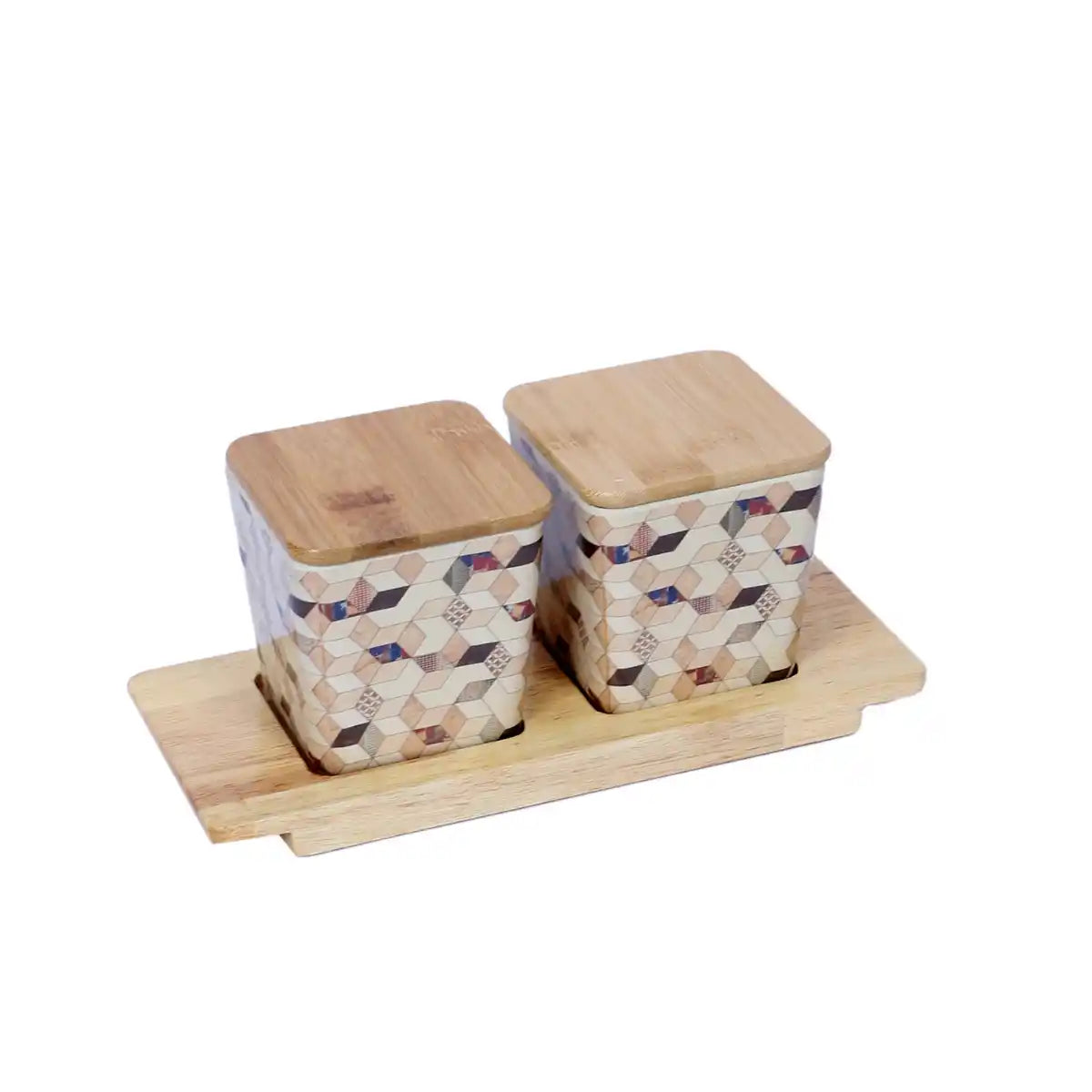 Wooden Diamond Melamine Canister Gift Set with Wooden Lids and Tray | 2-Piece Kitchen Storage Collection