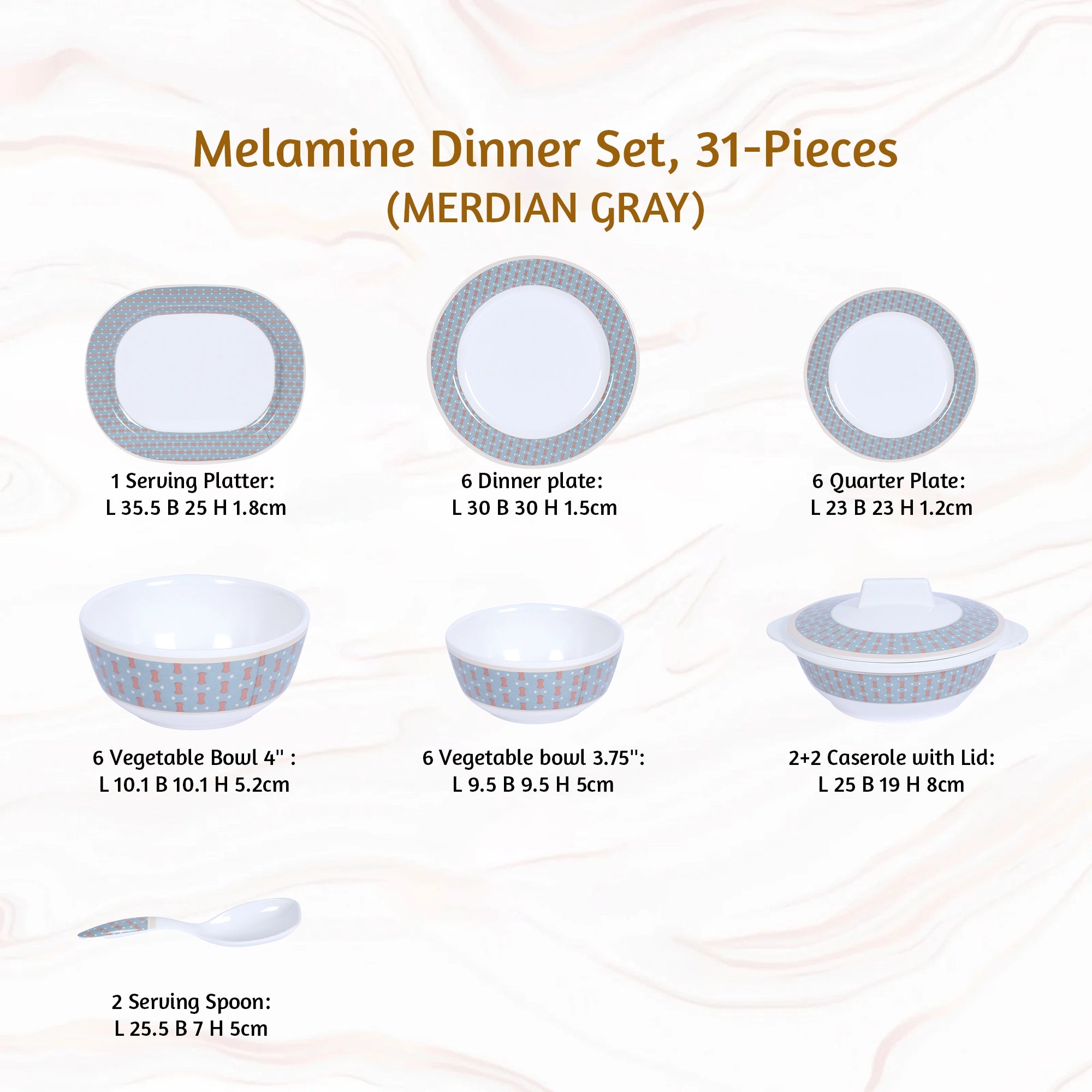 Stehlen Dinnerware, Pure melamine, Vintage, 31 Piece Kitchen Set for home-  MERDIAN GRAY