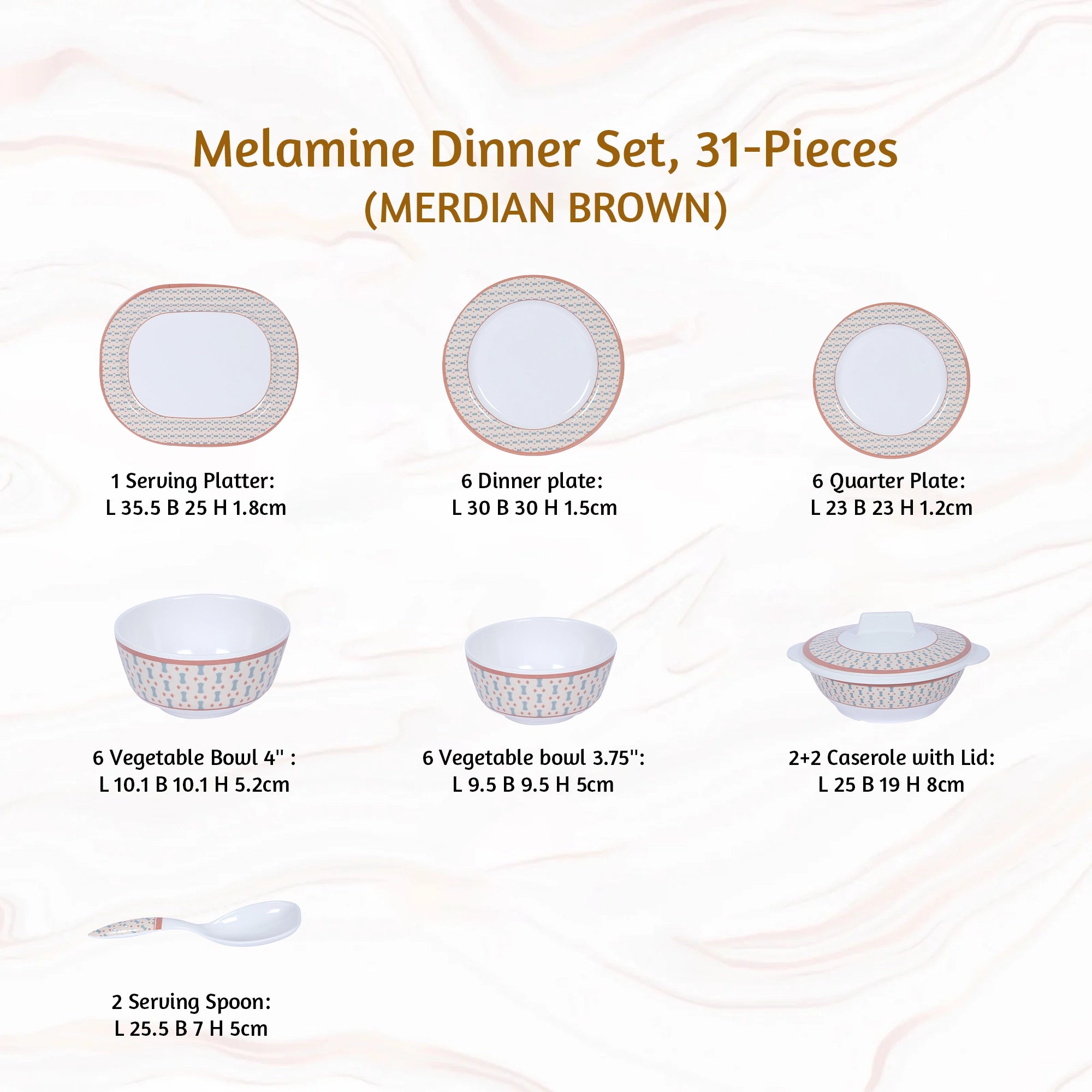 Stehlen Dinnerware, Pure melamine, Vintage, 31 Piece Kitchen Set for home- MERDIAN BROWN