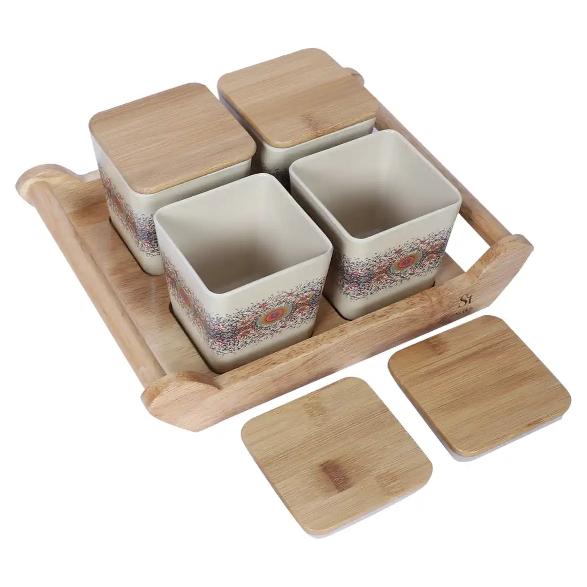Heaven Melamine Canister Gift Set with Wooden Lids and Wooden Tray | 4-Piece Storage Collection