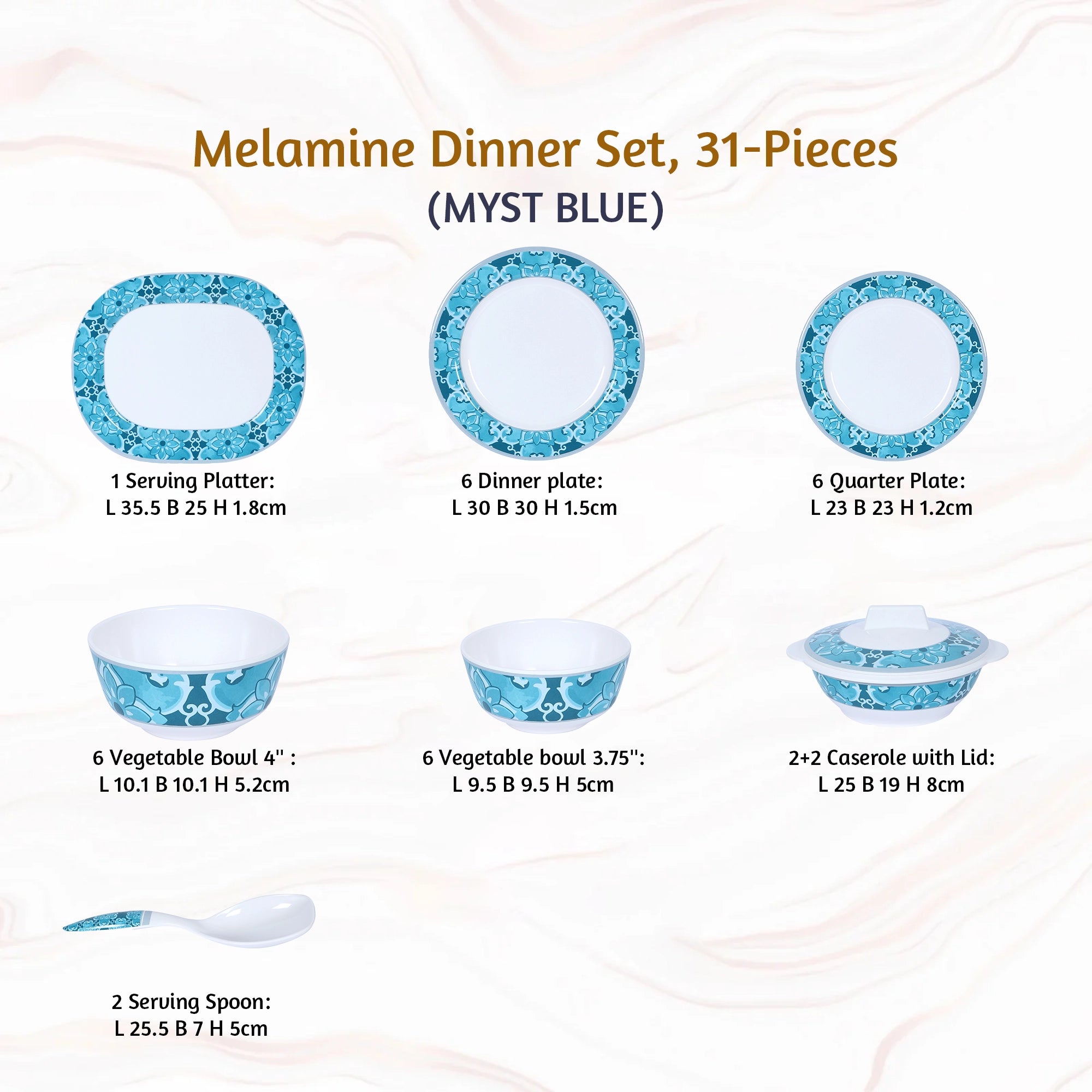 Stehlen Dinnerware, Pure melamine, Vintage, 31 Piece Kitchen Set for home- MYST BLUE