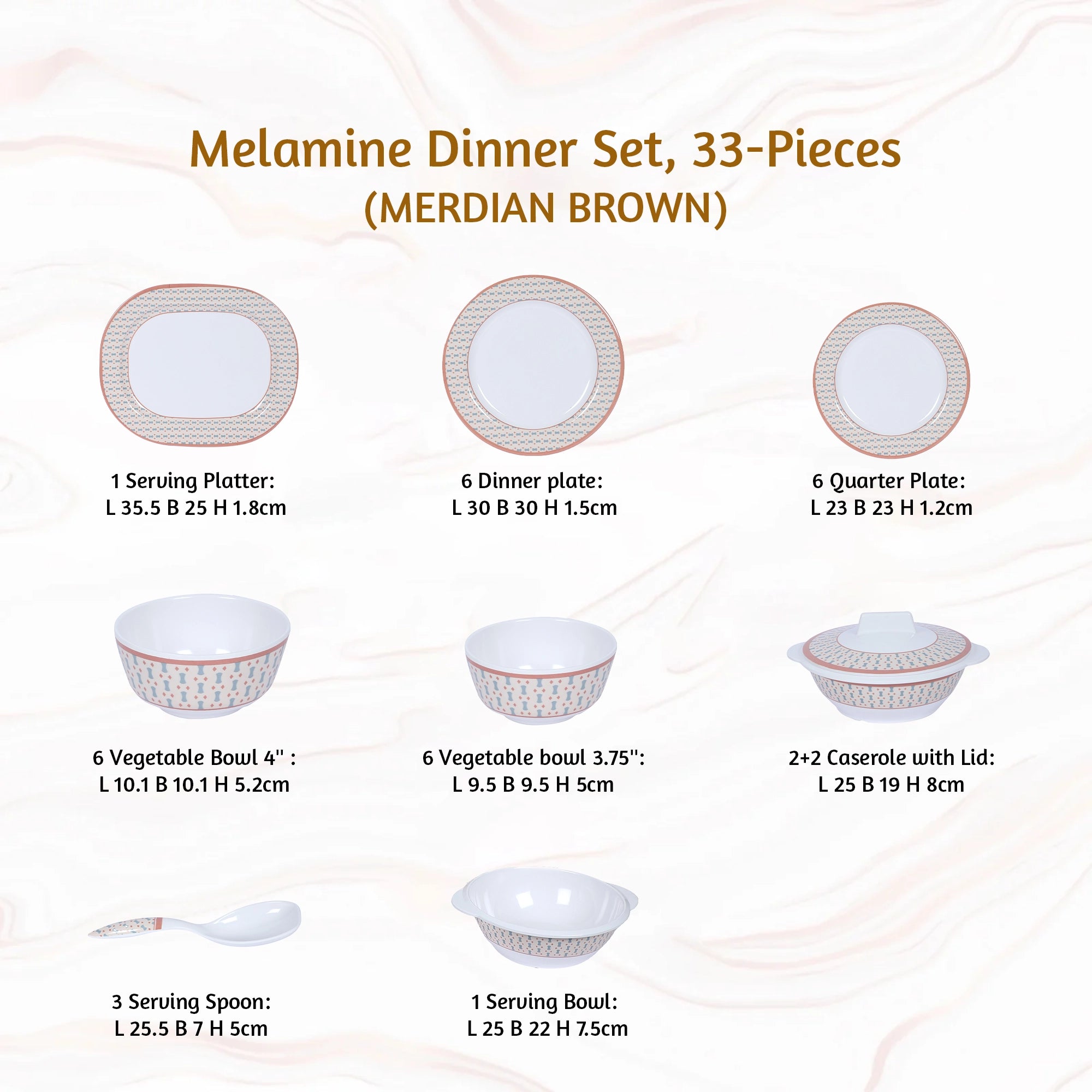 Stehlen Dinnerware, Pure melamine, Vintage, 33 Piece Kitchen Set for home- MERDIAN BROWN