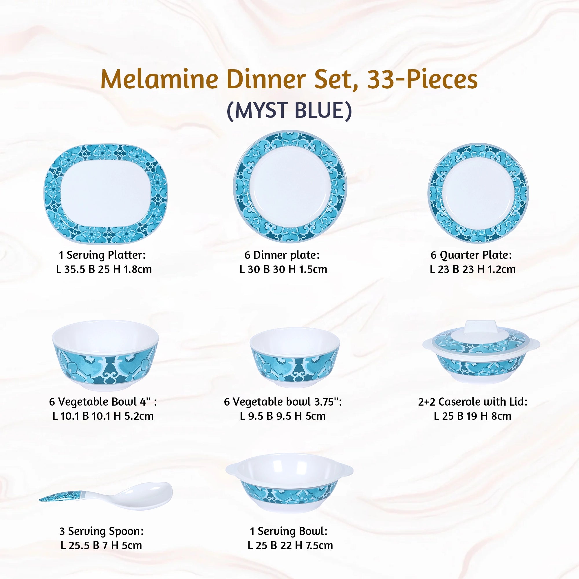 Stehlen Dinnerware, Pure melamine, Vintage, 33 Piece Kitchen Set for home-  MYST BLUE