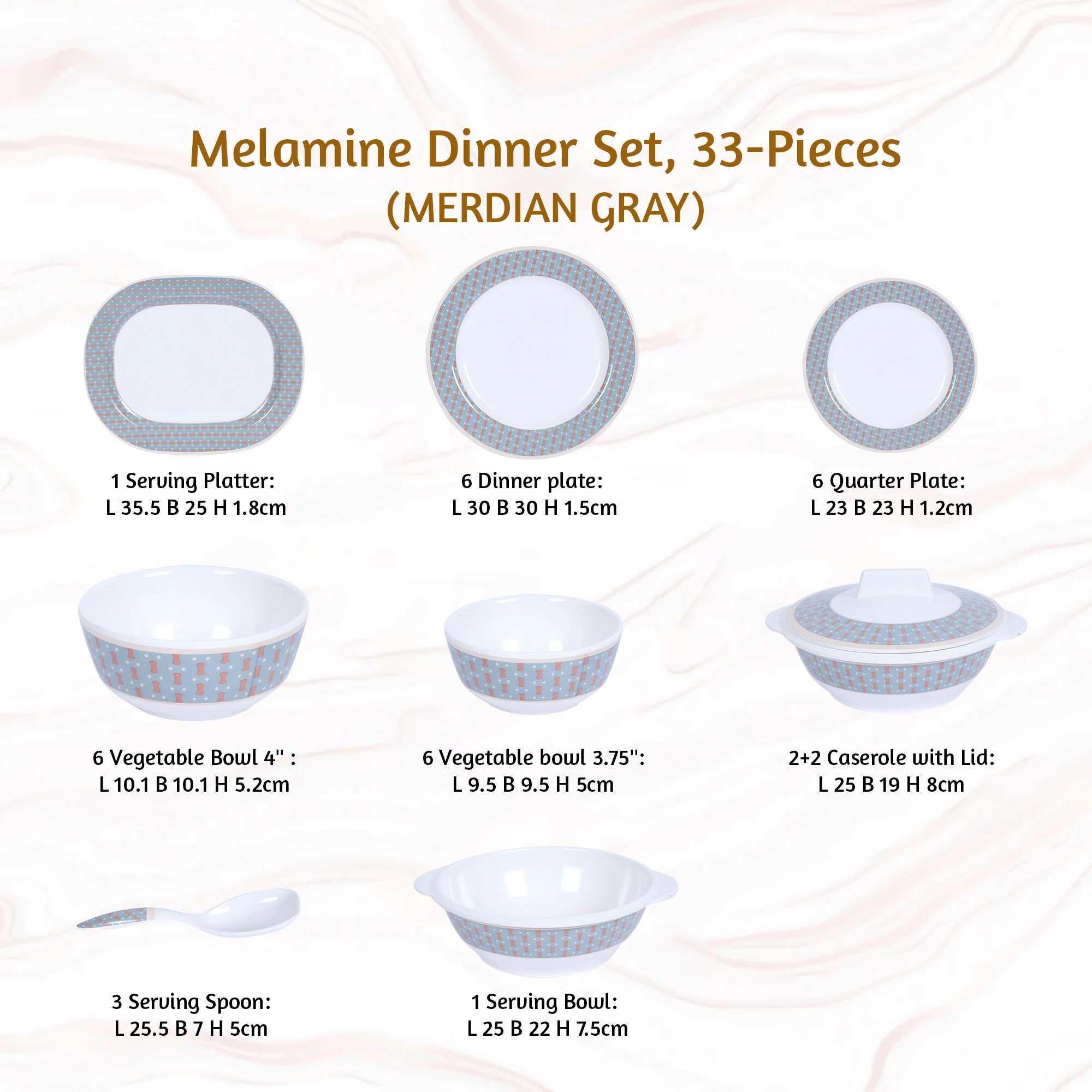 Stehlen Dinnerware, Pure melamine, Vintage, 33 Piece Kitchen Set for home- MERDIAN GRAY