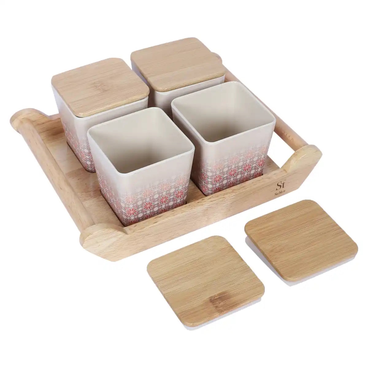 Red Ikkat Melamine Canister Gift Set with Wooden Lids and Wooden Tray | 4-Piece Storage Collection
