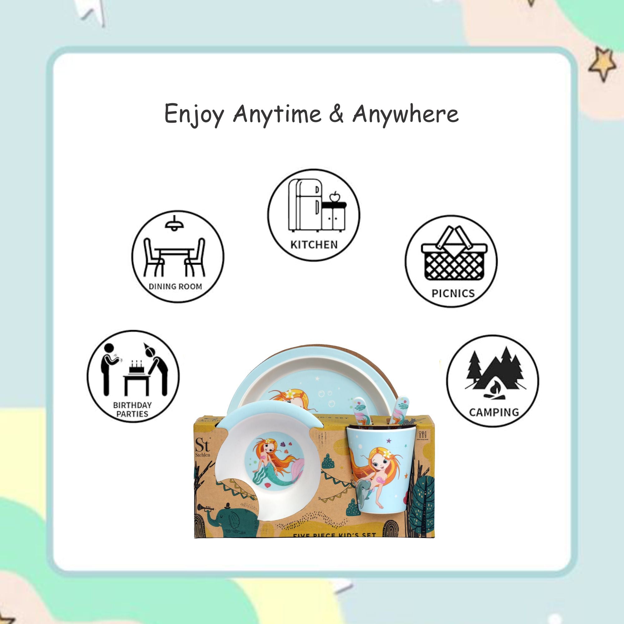 Stehlen set of 5 pcs kids feeding set, Pure melamine, AQUA TALES