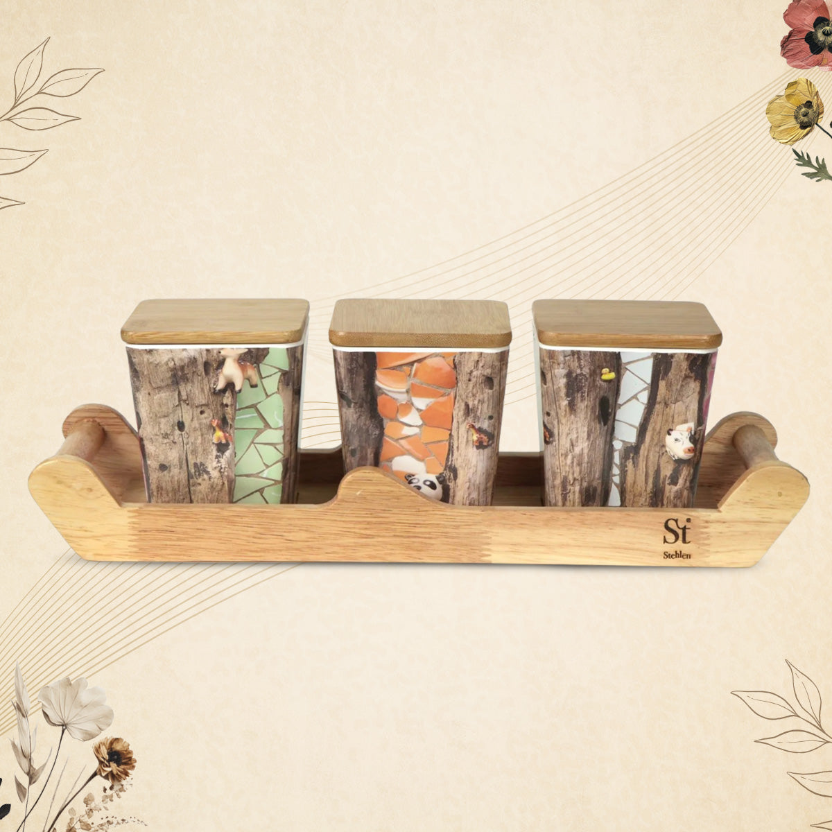 Stehlen 100% Pure melamine 3 pcs wooden lid canister set with wooden tray,SET OF 4- American Pine