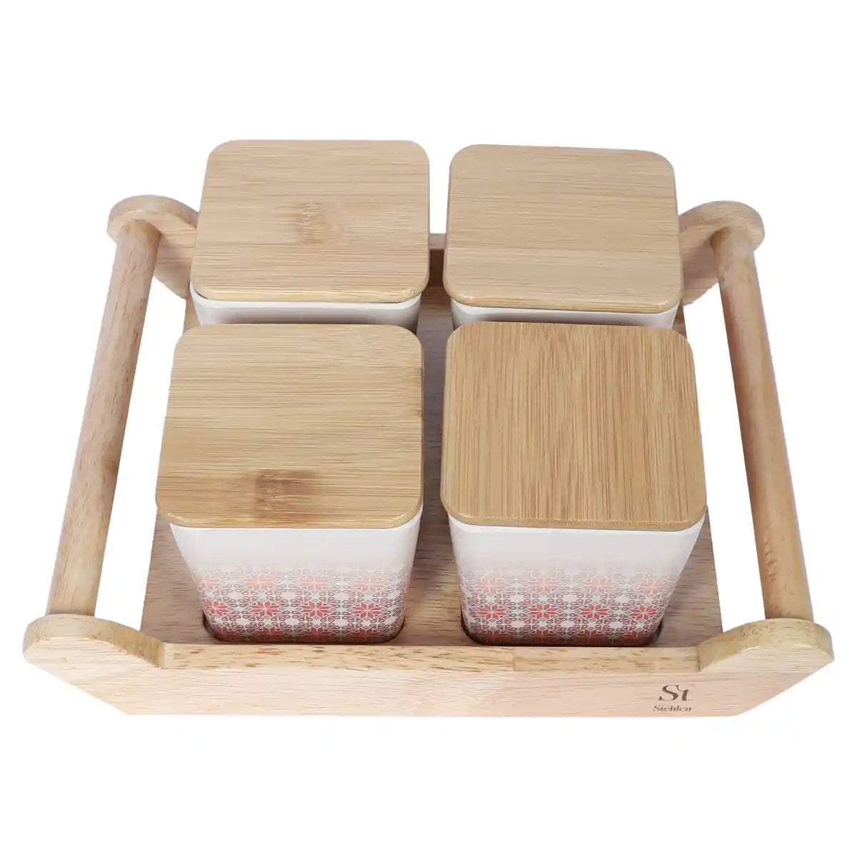 Red Ikkat Melamine Canister Gift Set with Wooden Lids and Wooden Tray | 4-Piece Storage Collection