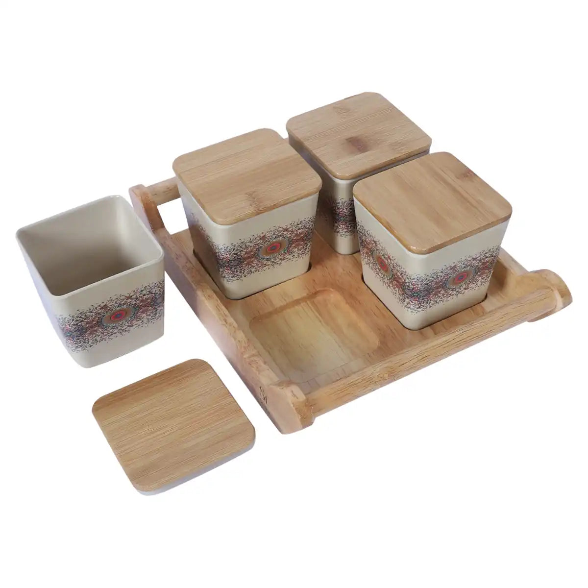 Heaven Melamine Canister Gift Set with Wooden Lids and Wooden Tray | 4-Piece Storage Collection