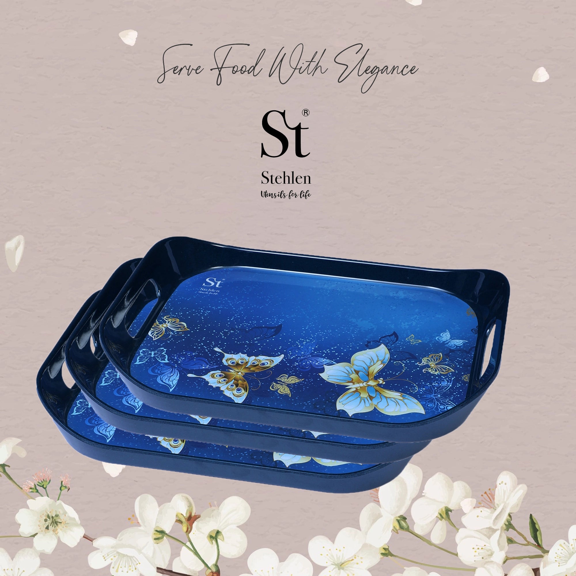 Stehlen Set of 3 Era tray, Pure melamine, ICE BUTTERFLY