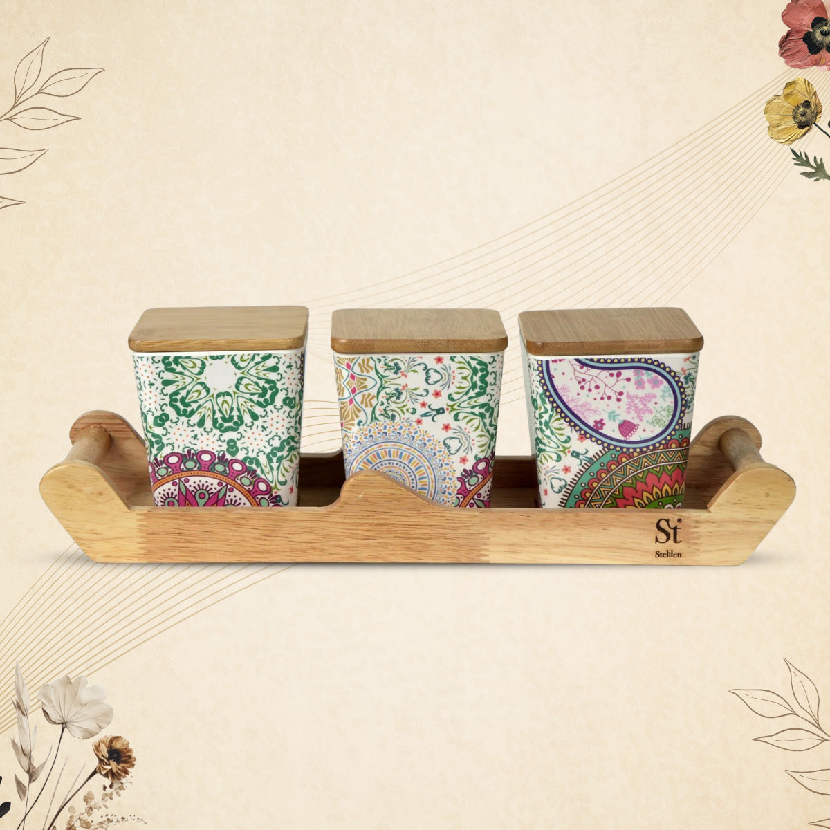 Stehlen 100% Pure melamine 3 pcs wooden lid canister set with wooden tray,SET OF 4- Ikkat