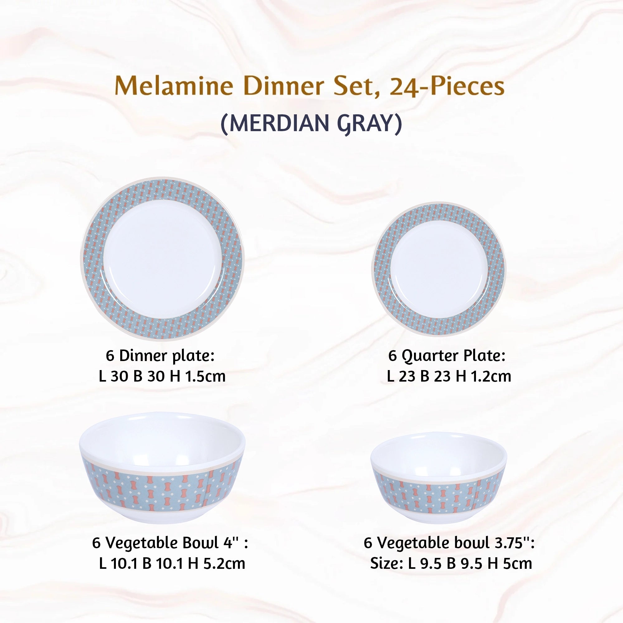 Stehlen Dinnerware, Pure melamine, Vintage, 24 Piece Kitchen Set for home- MERDIAN GRAY