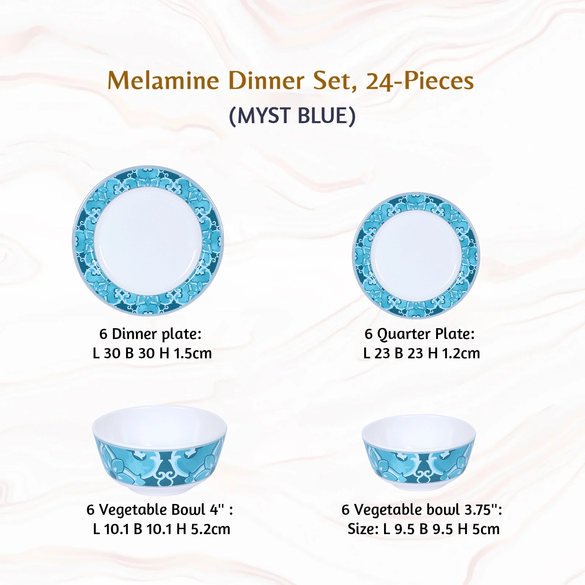 Stehlen Dinnerware, Pure melamine, Vintage, 24 Piece Kitchen Set for home-  MYST BLUE