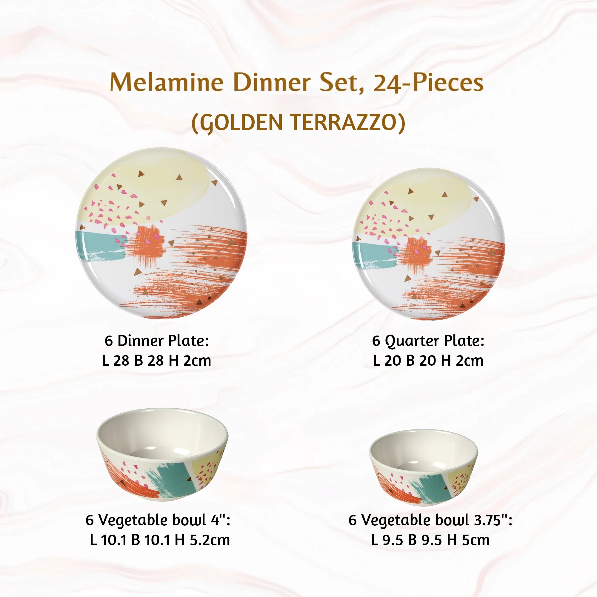 Stehlen Donna Glossy Dinnerware, Pure melamine, 24 Piece - GOLDEN TERRAZZO
