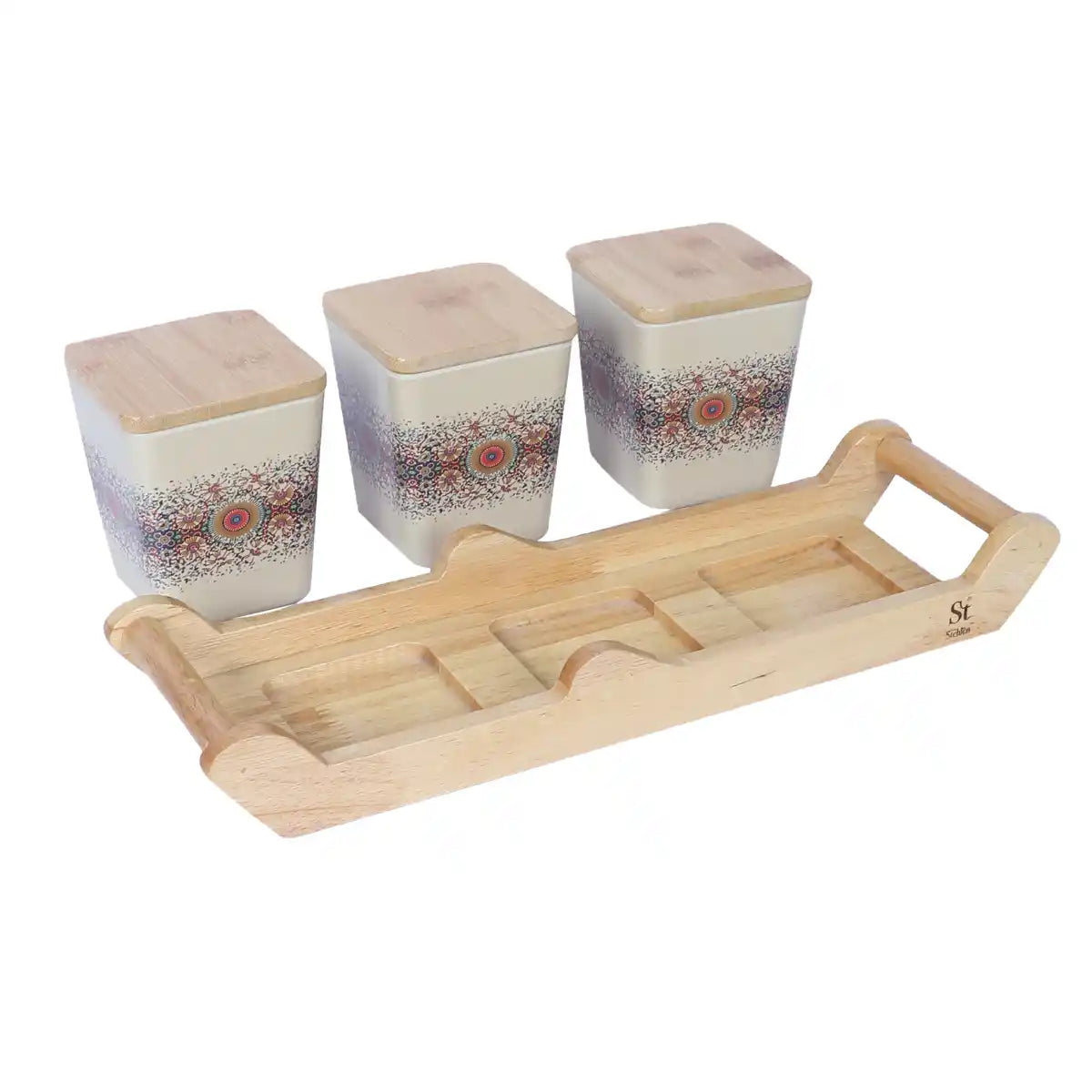 Heaven Melamine Canister Gift Set with Wooden Lids and Designer Tray | 3-Piece Storage Collection