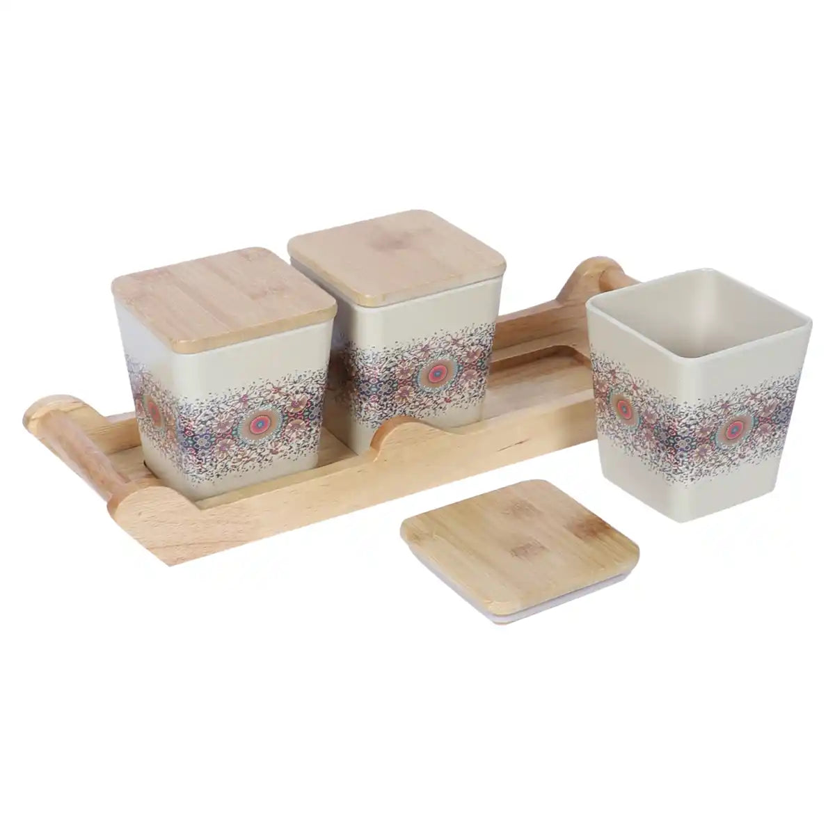 Heaven Melamine Canister Gift Set with Wooden Lids and Designer Tray | 3-Piece Storage Collection