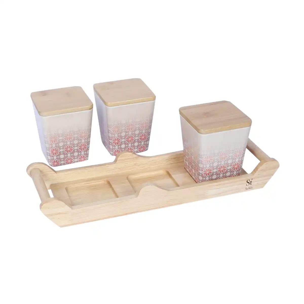 Red Ikkat Melamine Canister Gift Set with Wooden Lids and Designer Tray | 3-Piece Storage Collection