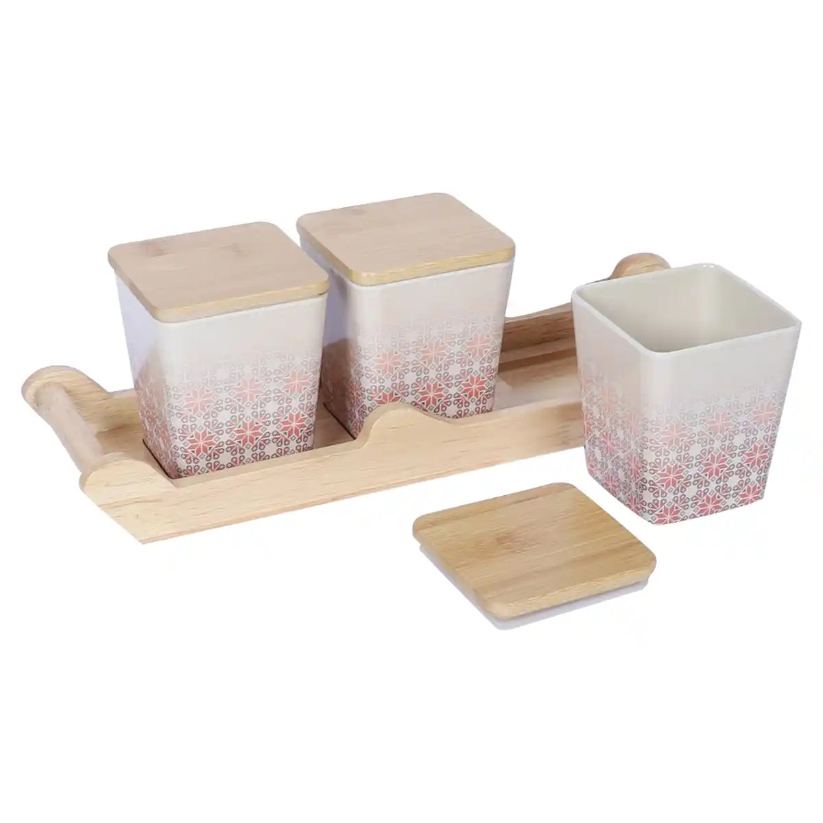 Red Ikkat Melamine Canister Gift Set with Wooden Lids and Designer Tray | 3-Piece Storage Collection