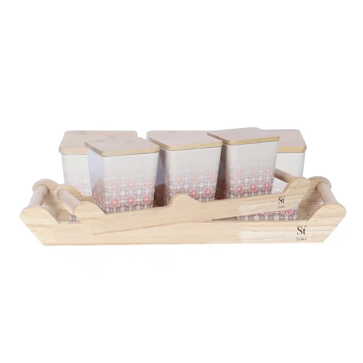 Red Ikkat Melamine Canister Gift Set with Wooden Lids and Designer Tray | 3-Piece Storage Collection