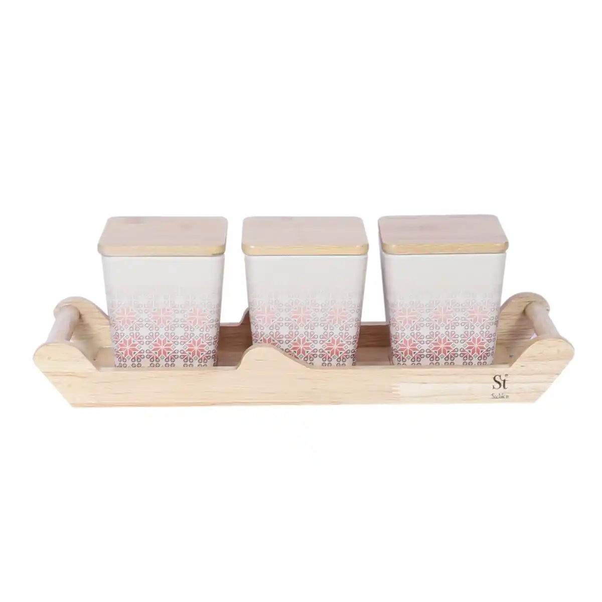 Red Ikkat Melamine Canister Gift Set with Wooden Lids and Designer Tray | 3-Piece Storage Collection