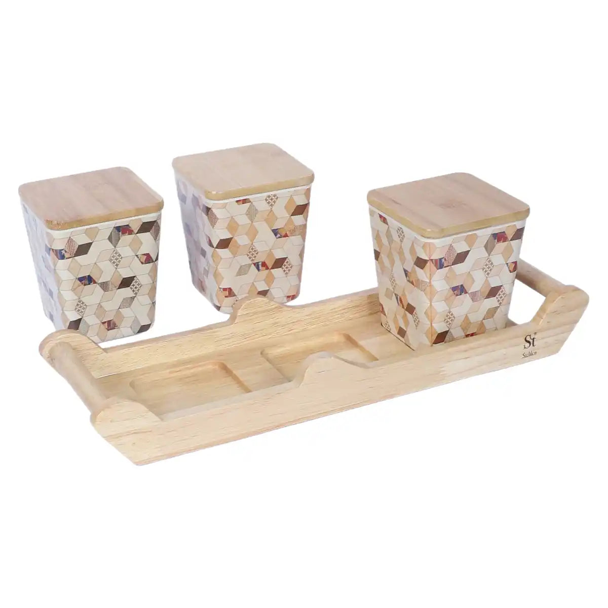Wooden Diamond Melamine Canister Gift Set with Wooden Lids and Designer Tray | 3-Piece Storage Collection