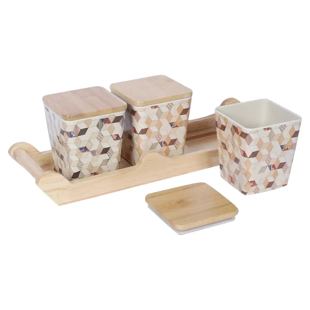 Wooden Diamond Melamine Canister Gift Set with Wooden Lids and Designer Tray | 3-Piece Storage Collection