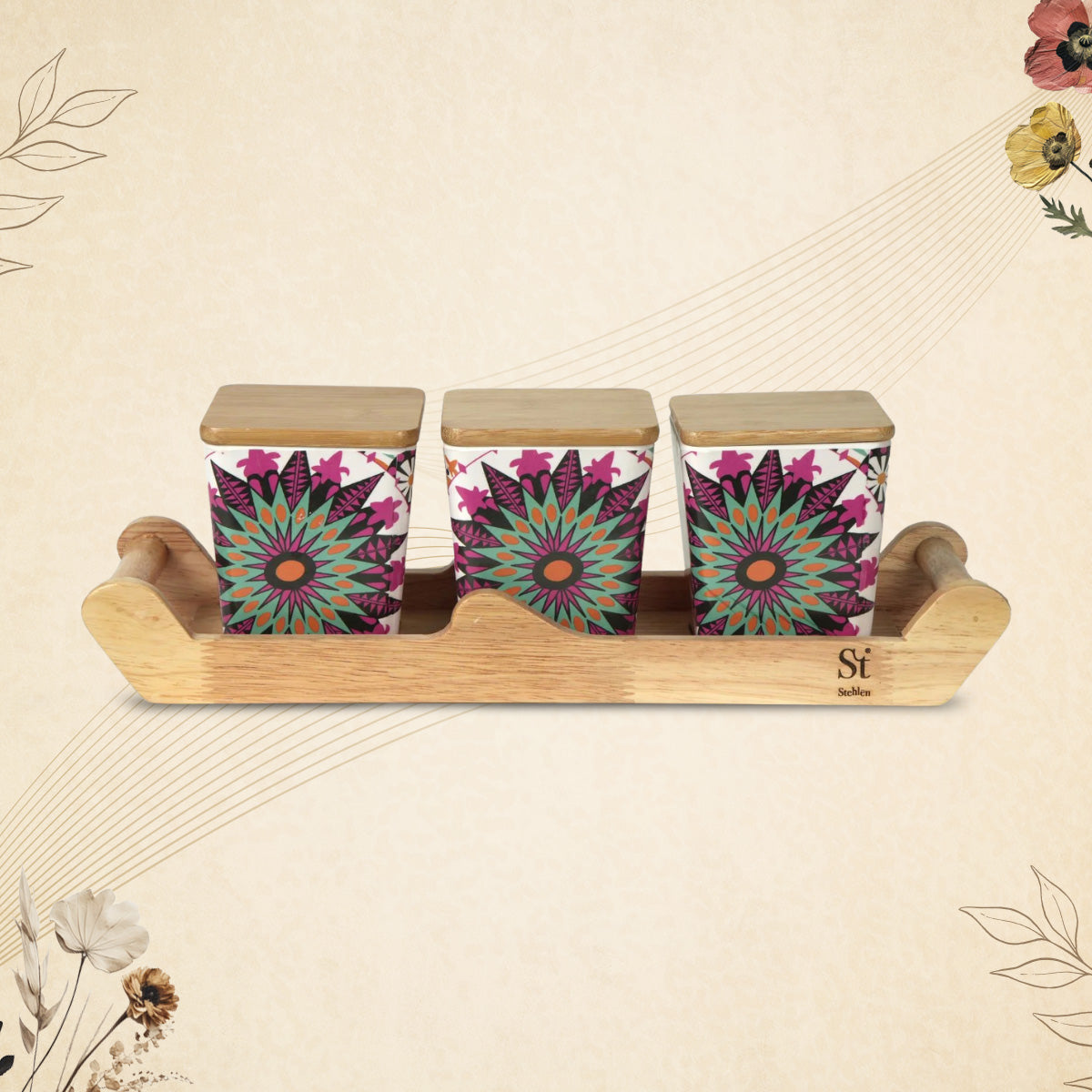 3 pcs Canister with Wooden Tray.