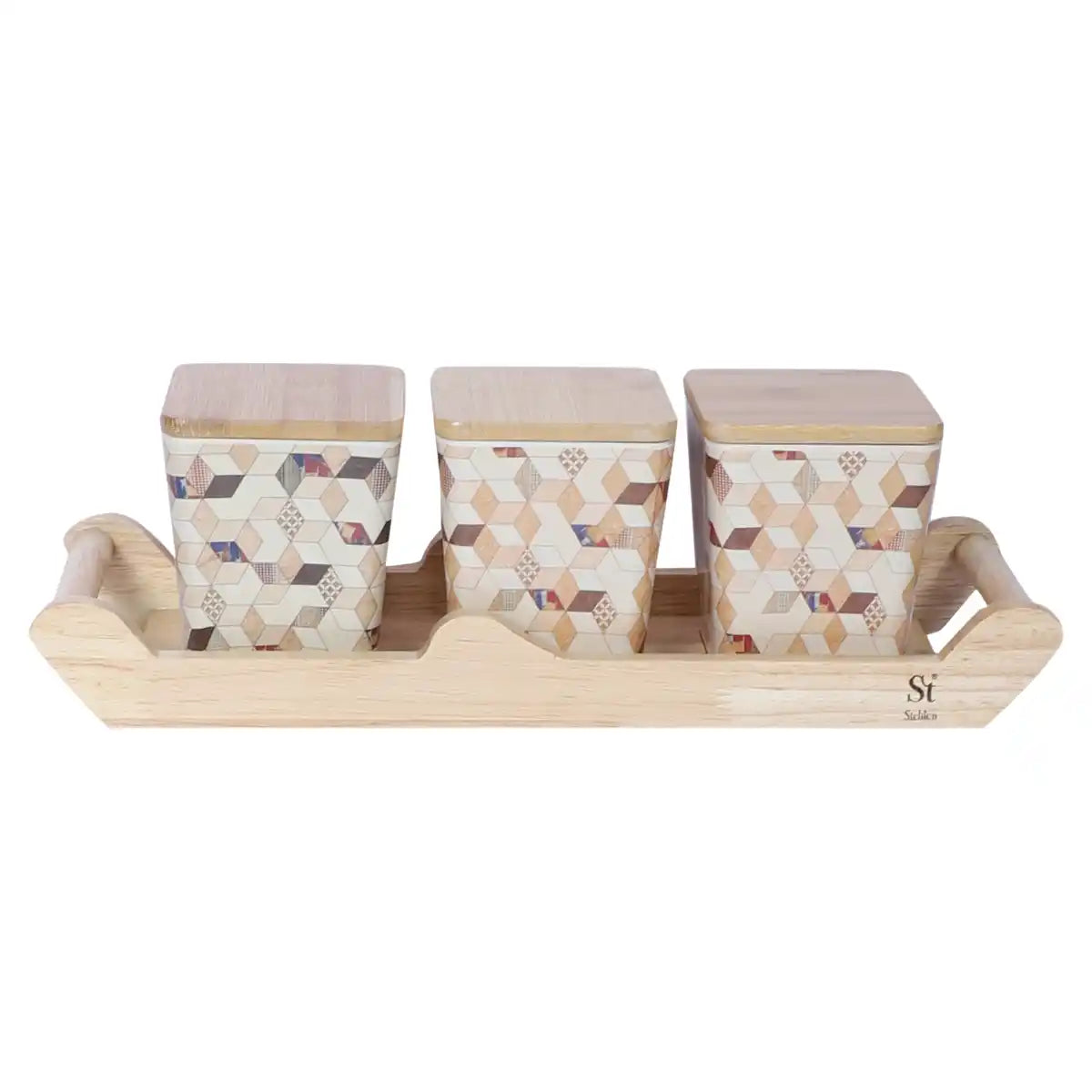 Wooden Diamond Melamine Canister Gift Set with Wooden Lids and Designer Tray | 3-Piece Storage Collection