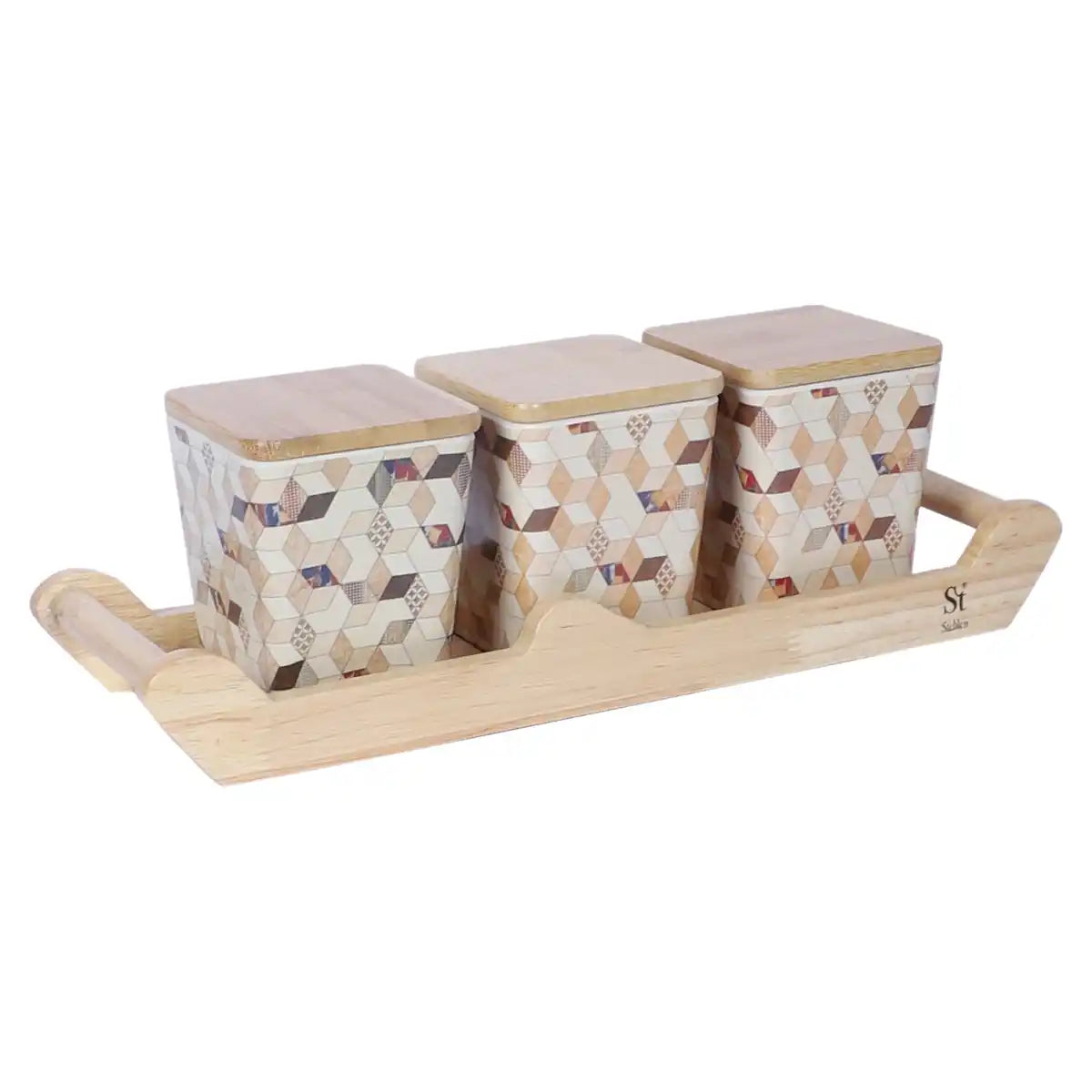 Wooden Diamond Melamine Canister Gift Set with Wooden Lids and Designer Tray | 3-Piece Storage Collection