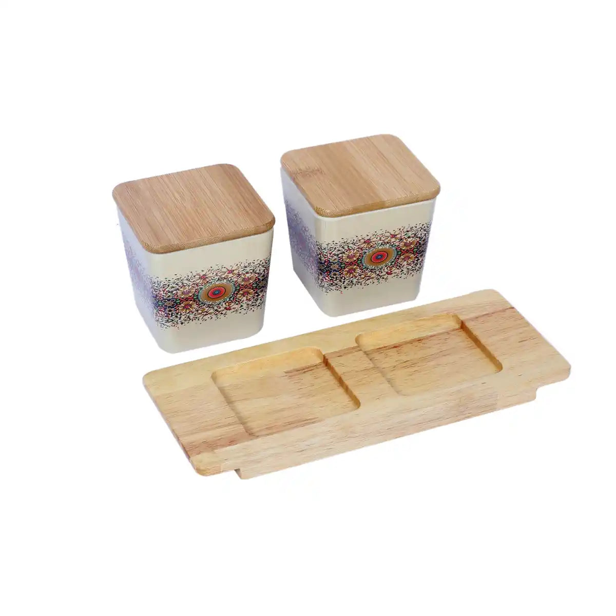 Heaven Melamine Canister Gift Set with Wooden Lids and Tray | 2-Piece Kitchen Storage Collection