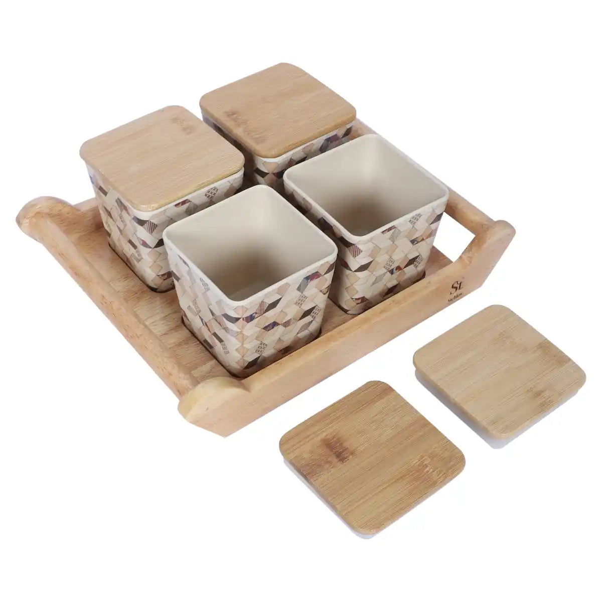Wooden Diamond Melamine Canister Gift Set with Wooden Lids and Wooden Tray | 4-Piece Storage Collection