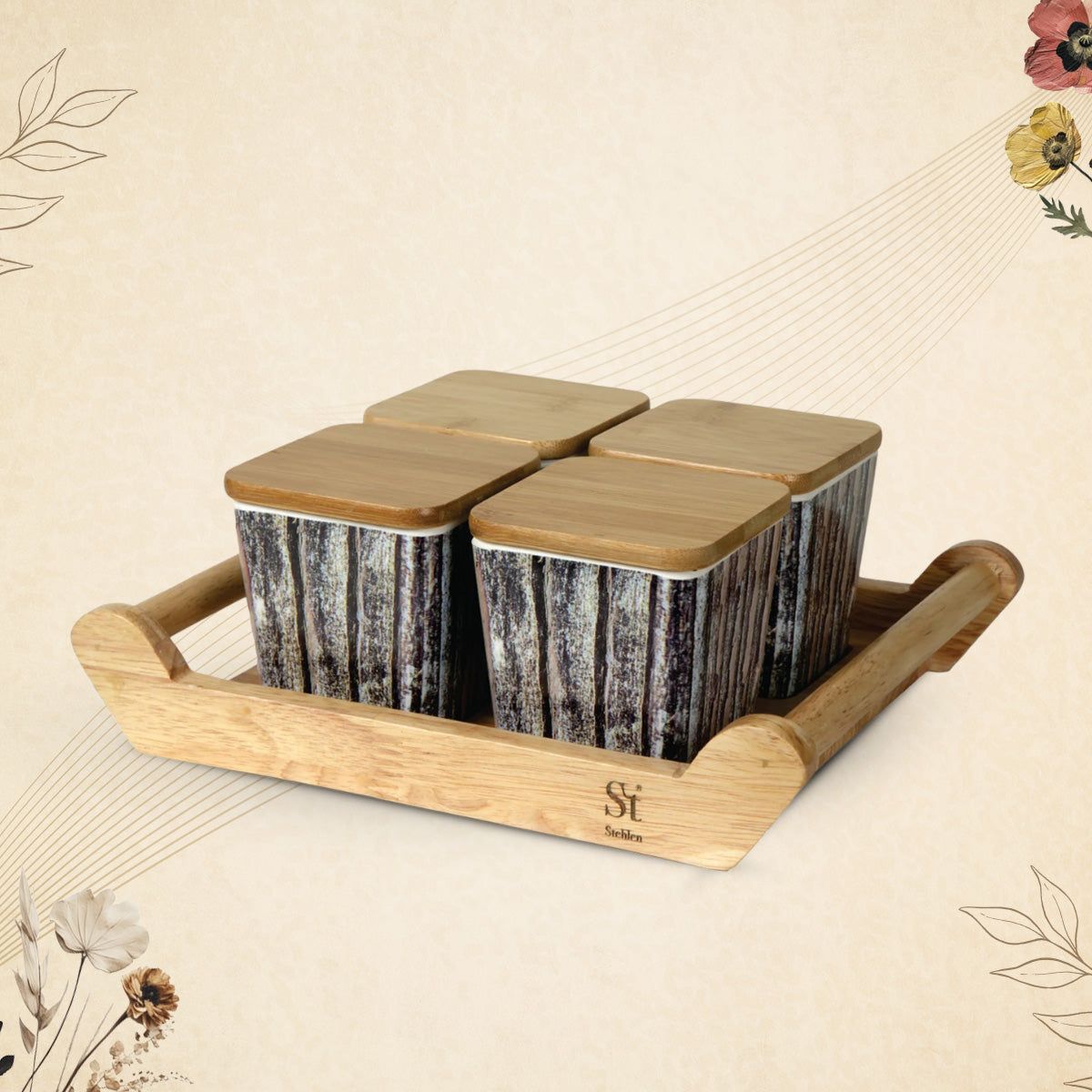 Stehlen 100% Pure melamine 4 pcs wooden lid canister set with wooden tray,SET OF 5- Wooden