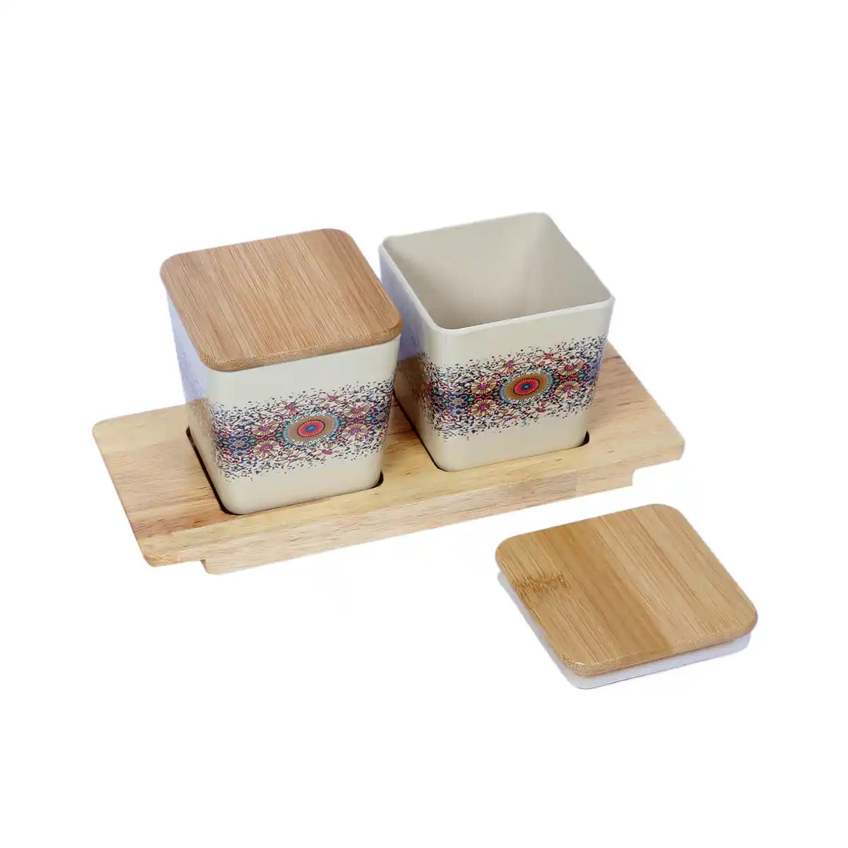 Heaven Melamine Canister Gift Set with Wooden Lids and Tray | 2-Piece Kitchen Storage Collection