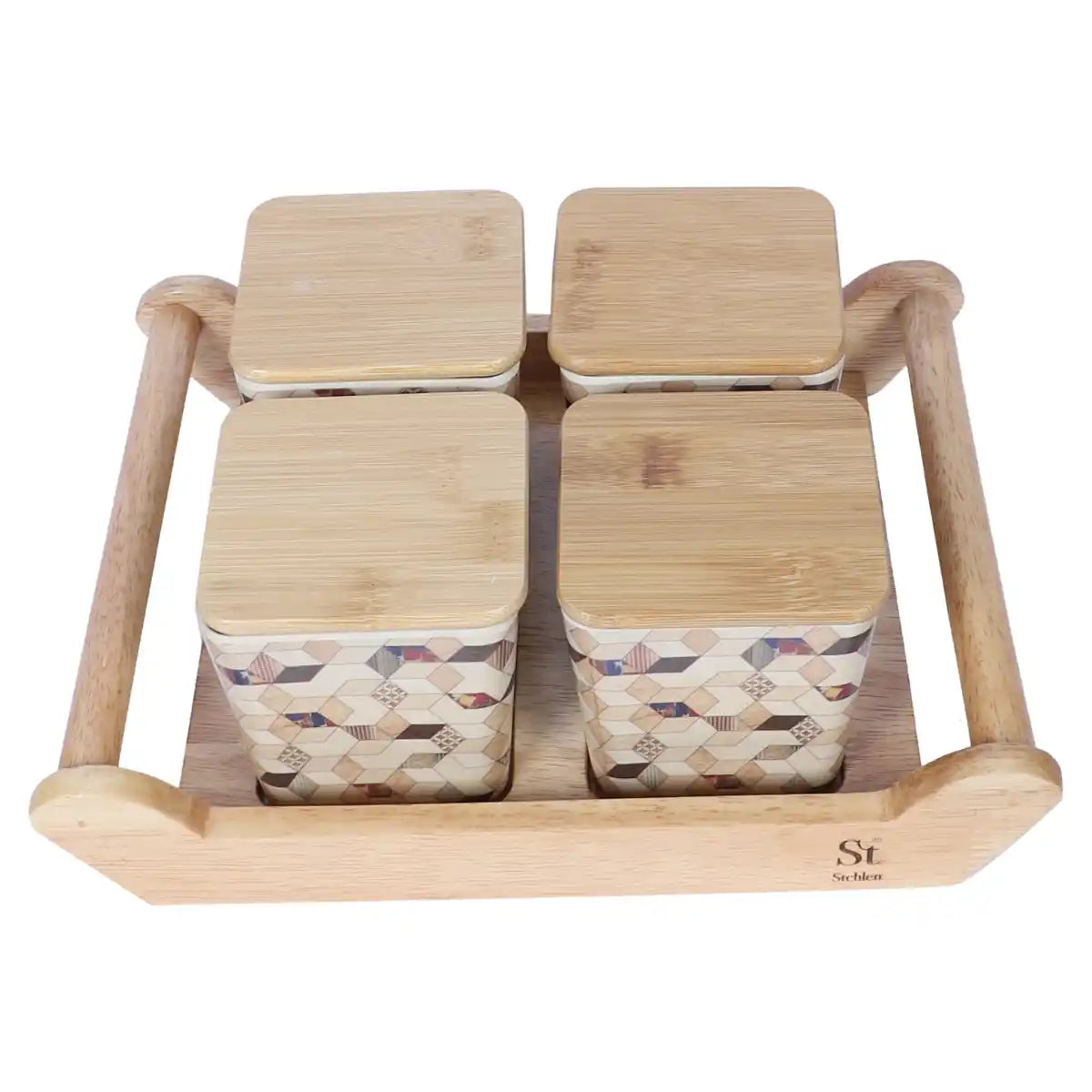 Wooden Diamond Melamine Canister Gift Set with Wooden Lids and Wooden Tray | 4-Piece Storage Collection