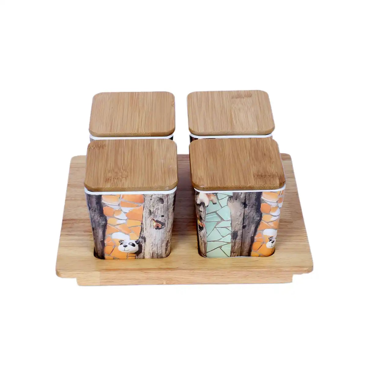 American Pine Melamine Sleek Canister Gift Set with Wooden Lids and Tray | 4-Piece Kitchen Storage Collection