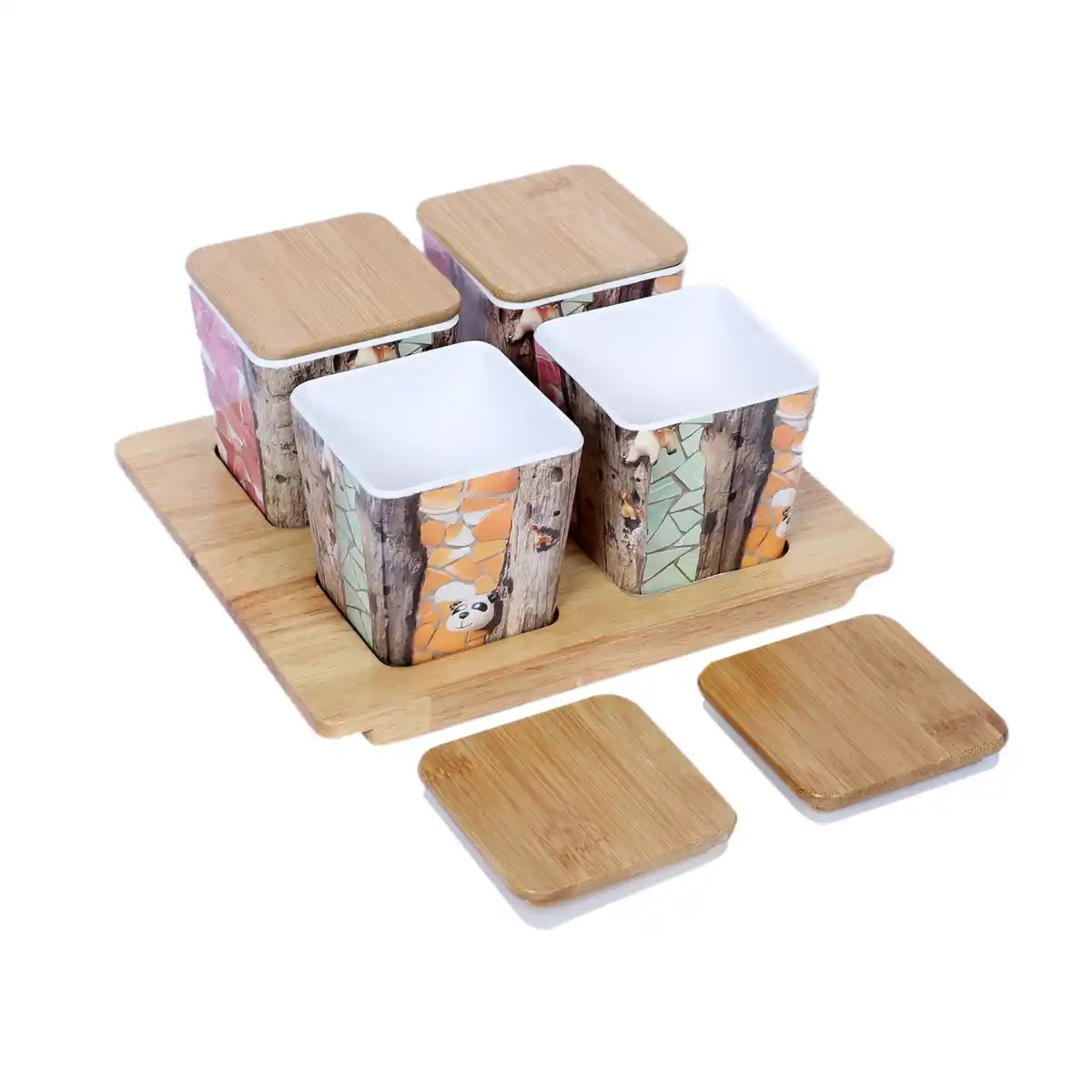 American Pine Melamine Sleek Canister Gift Set with Wooden Lids and Tray | 4-Piece Kitchen Storage Collection