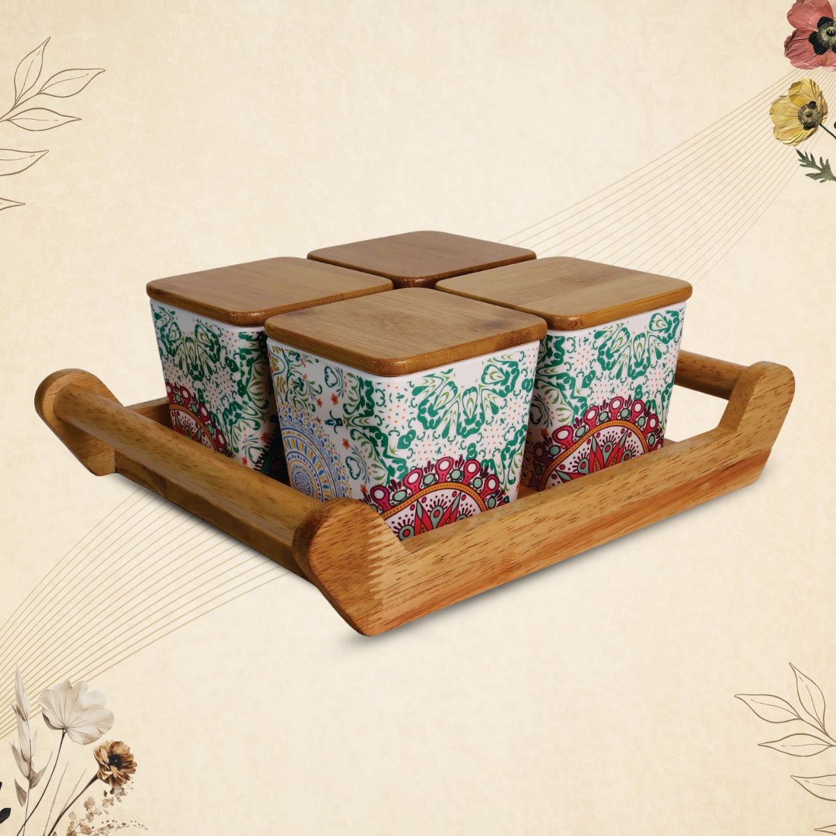 Stehlen 100% Pure melamine 4 pcs wooden lid canister set with wooden tray,SET OF 5- Ikkat