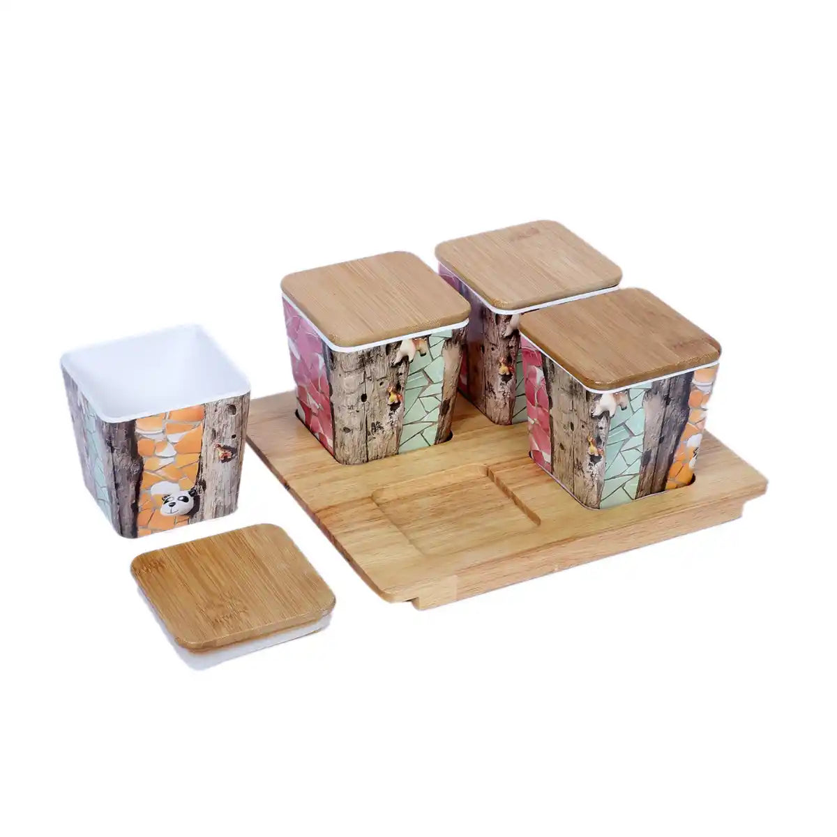 American Pine Melamine Sleek Canister Gift Set with Wooden Lids and Tray | 4-Piece Kitchen Storage Collection