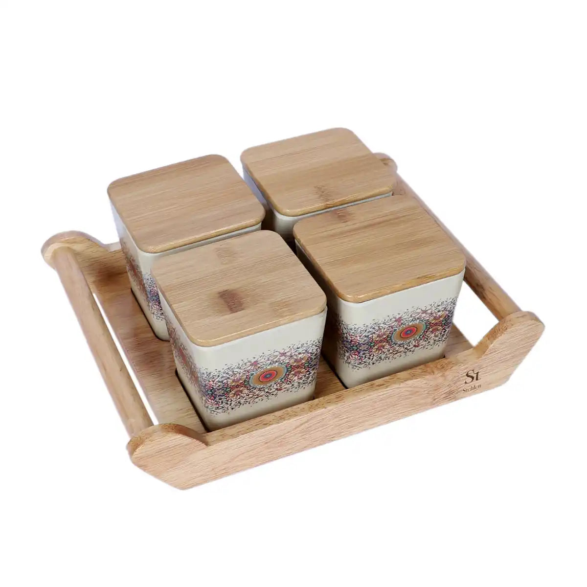 Heaven Melamine Sleek Canister Gift Set with Wooden Lids and Designer Tray | 4-Piece Storage Collection