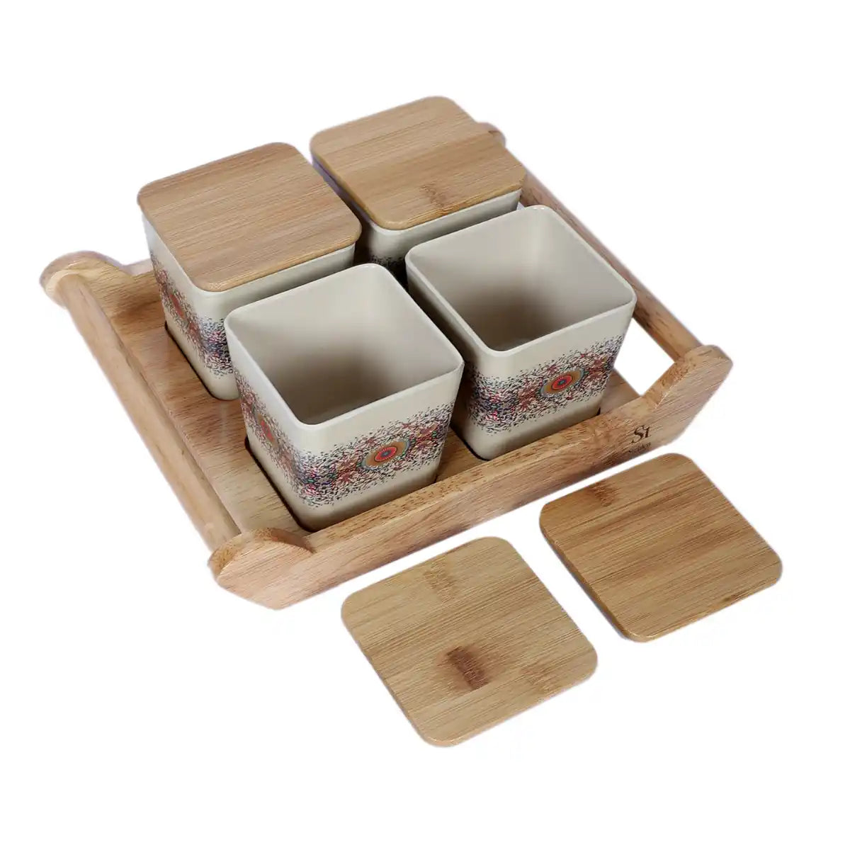 Heaven Melamine Sleek Canister Gift Set with Wooden Lids and Designer Tray | 4-Piece Storage Collection