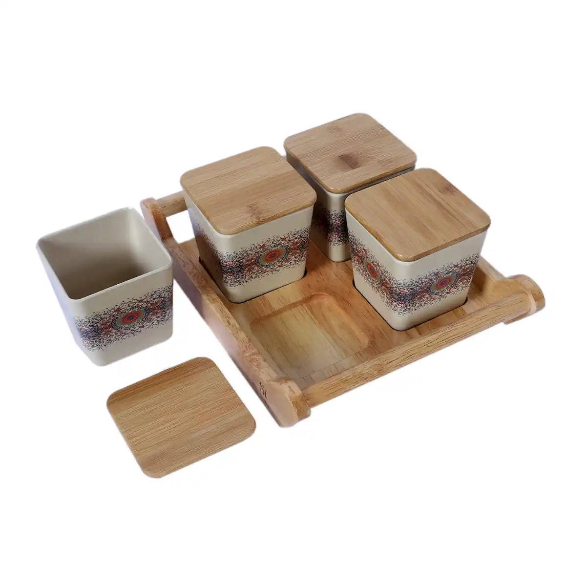 Heaven Melamine Sleek Canister Gift Set with Wooden Lids and Designer Tray | 4-Piece Storage Collection