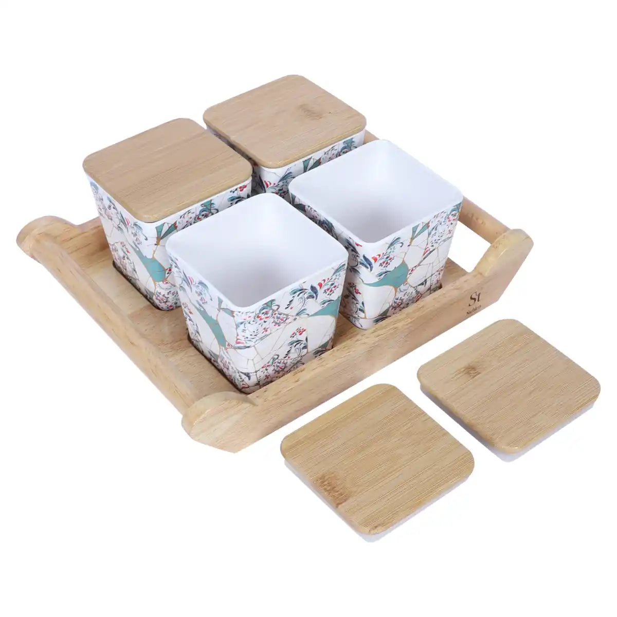 Zest Melamine Canister Gift Set with Wooden Lids and Wooden Tray | 4-Piece Storage Collection