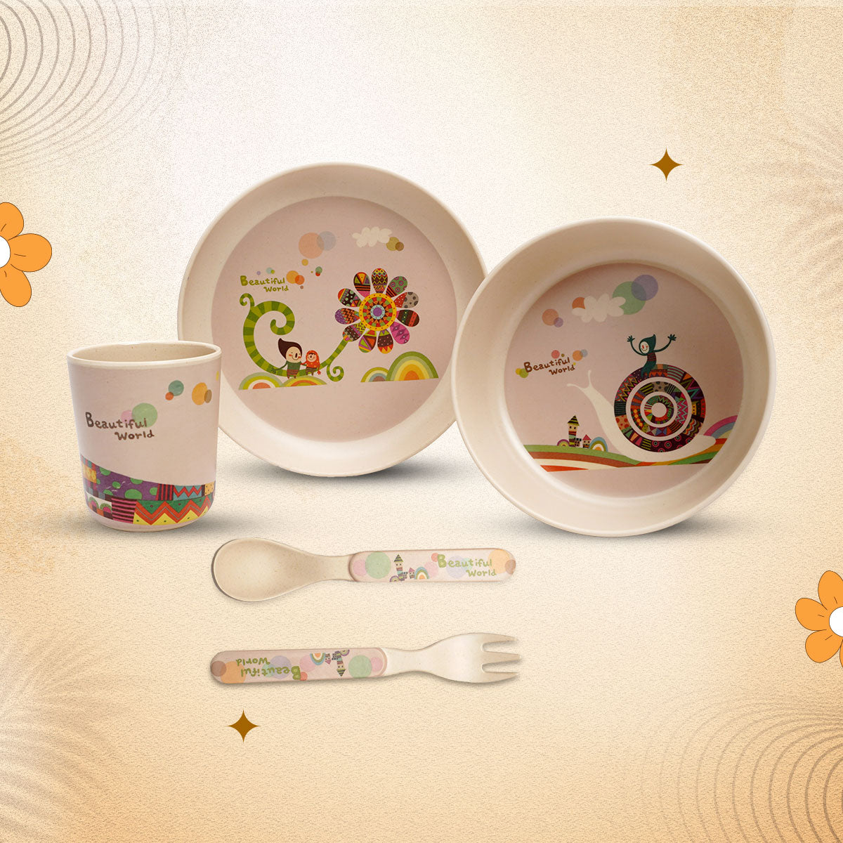 Stehlen set of 5 pcs kids feeding set, Pure melamine, BEAUTIFUL WORLD