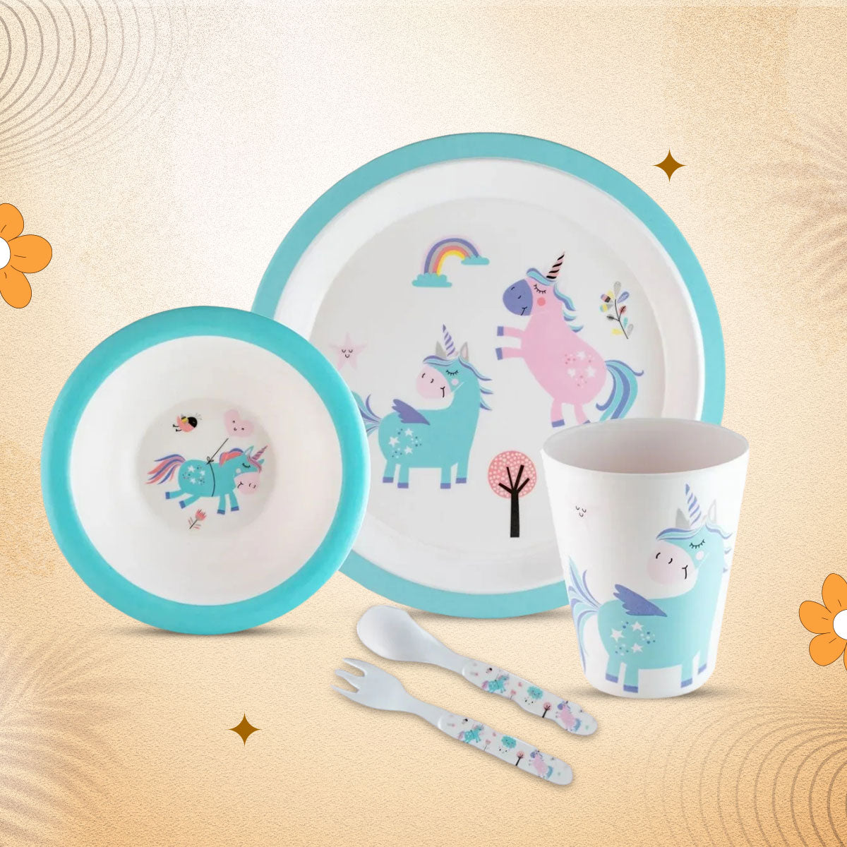 Stehlen set of 5 pcs kids feeding set, Pure melamine, BLUE UNICORN